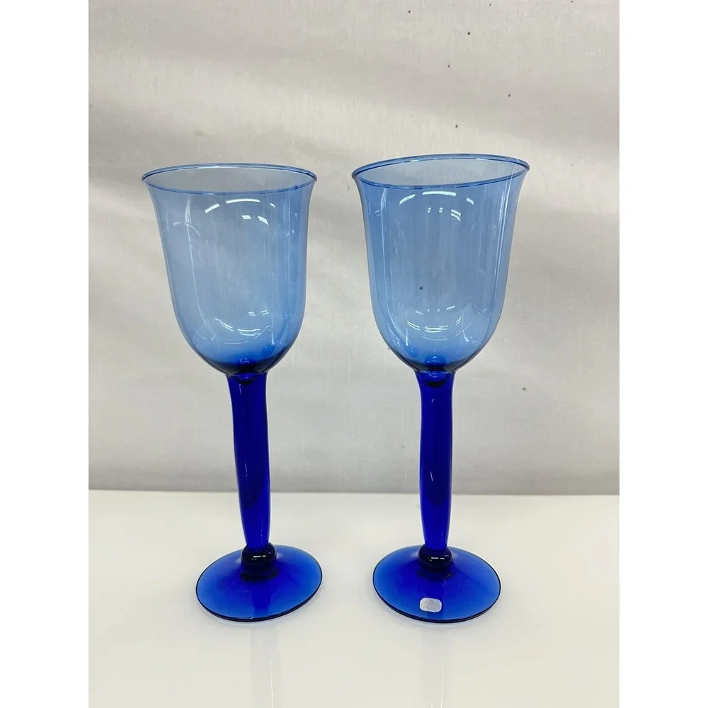 Set of 2 HAND Blown Cobalt Blue Stemmed Wine Water Glass / Goblets - 8 7/8